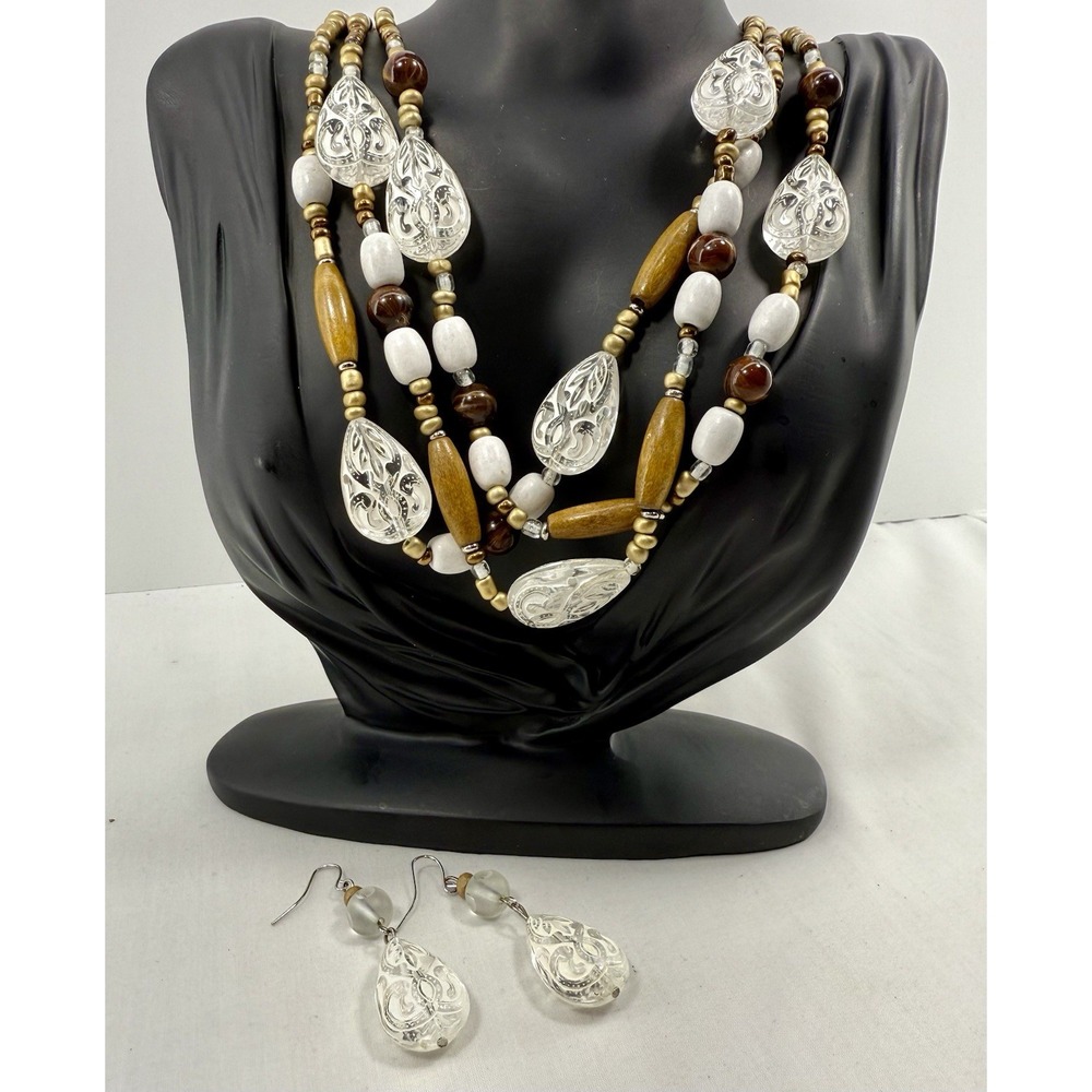 Necklace & Earrings Set Boho Layered Beaded Wood White Glass‎ Look Teardrop NWOT